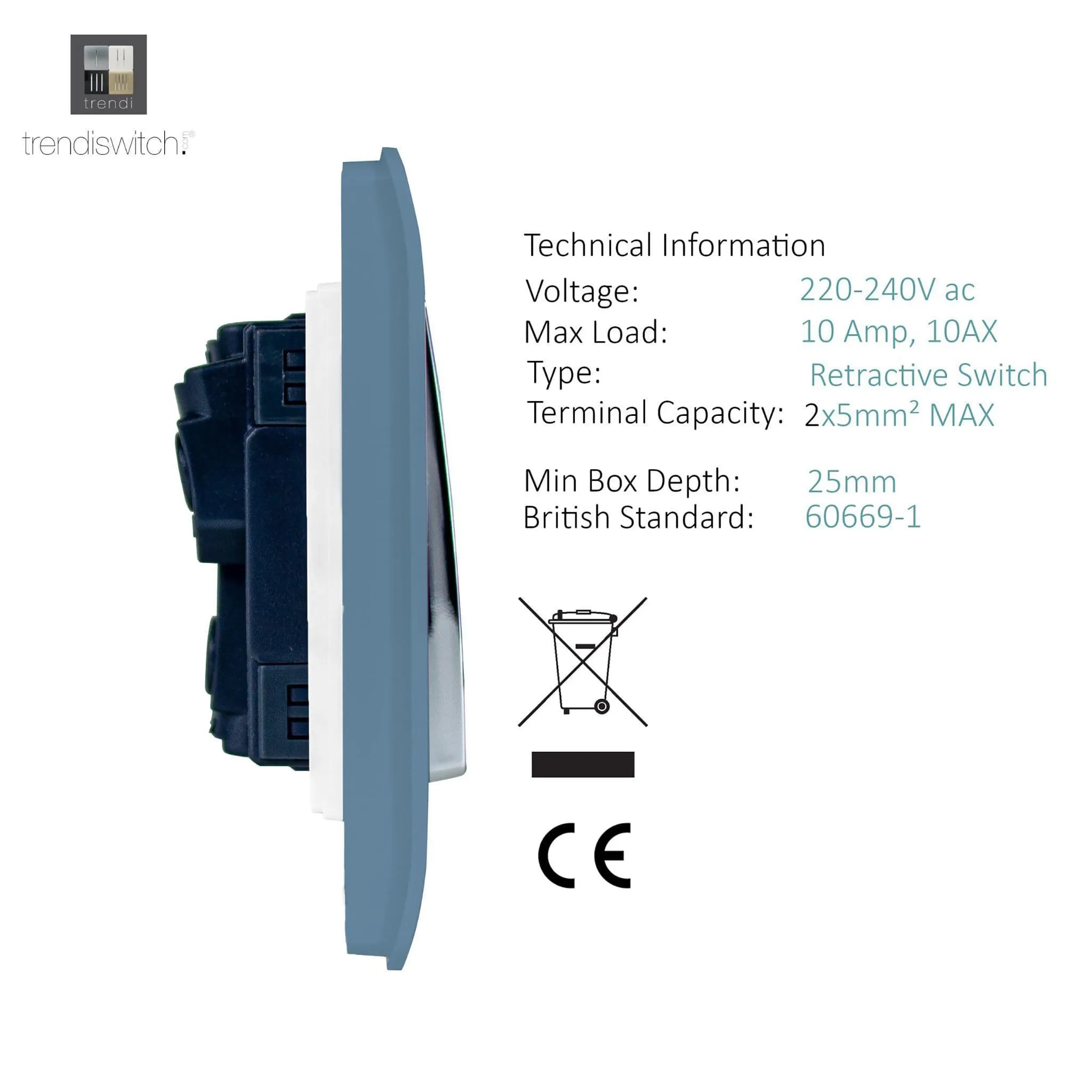 2 Gang Retractive Home Auto.Switch Sky ART-SSR2SK  Trendi Sky